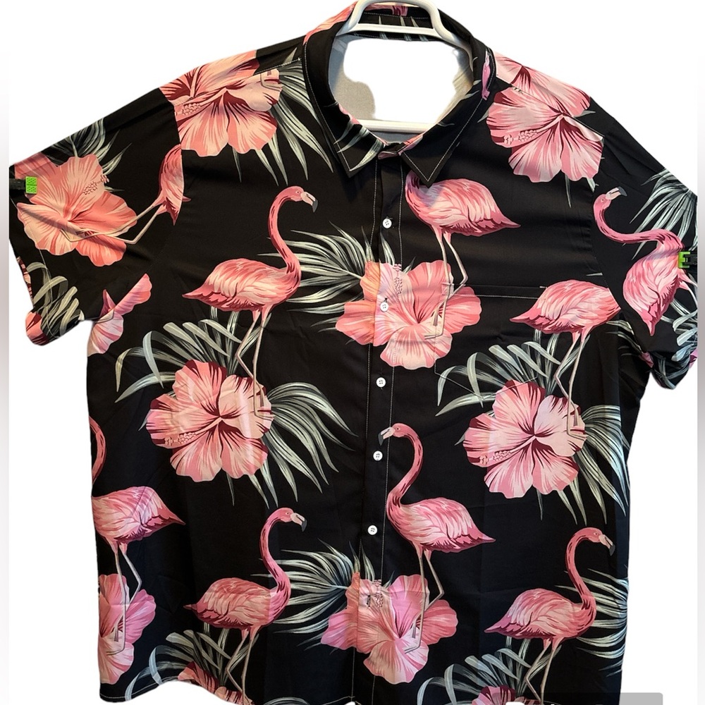 Floral Flamingo Dream a short sleeve button down casual shirt in 3x.